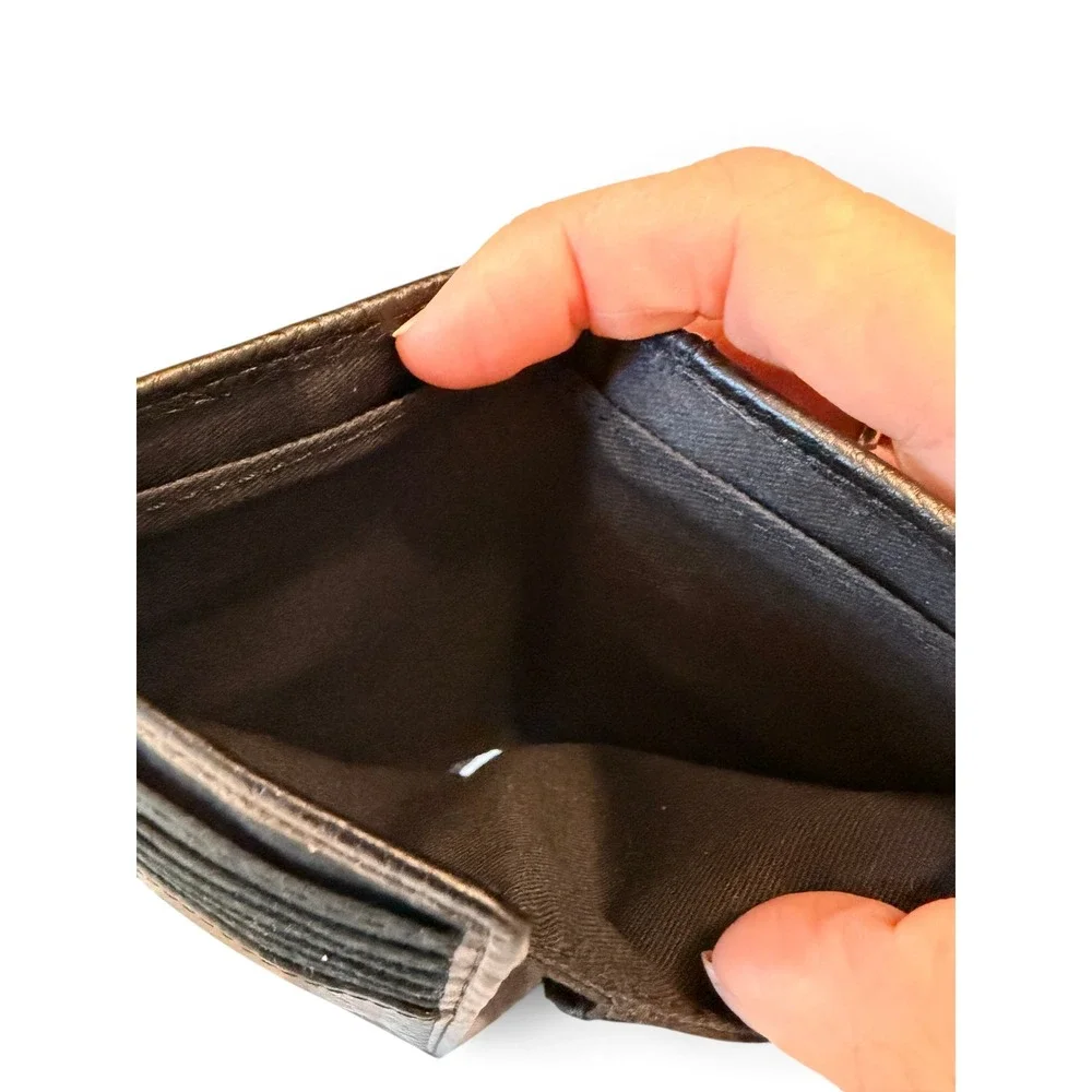 Fossil Trifold Wallet Black Pebbled Leather Brown Trim Card Slots Small